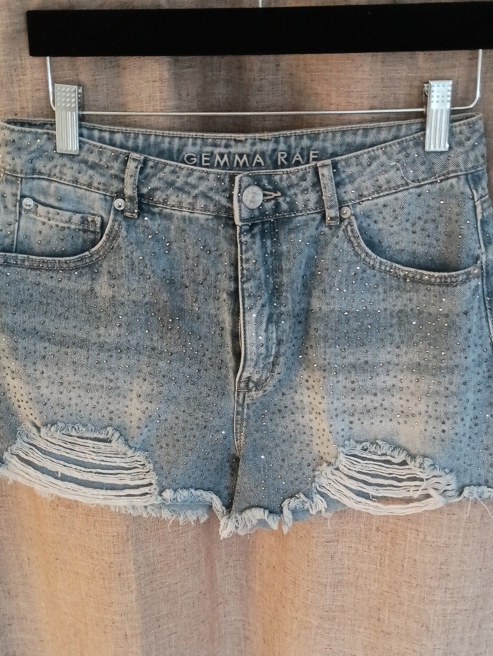 Gemma Rae Light Blue Rhinestone Distressed Denim Shorts